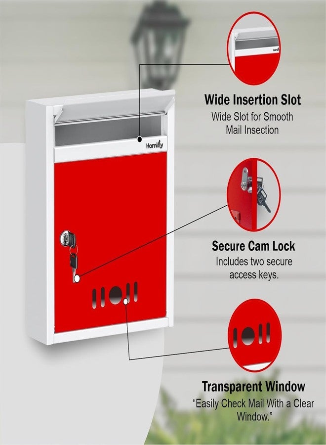HOMIFLY صندوق بريد/صندوق اقتراحات/صندوق شكاوى/صندوق رسائل بحجم A4 للتثبيت على الحائط من HOMIFLY للمكتب/صندوق بريد لبوابة المنزل مع نافذة شفافة وقفل مفتاح آمن - (أحمر وعاجي) - Image 4